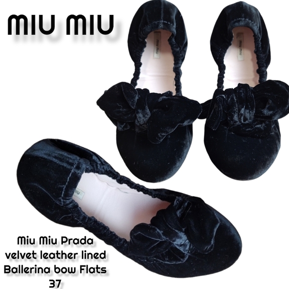 Miu Miu Prada Black Velvet leather lined Ballerina bow Flats 37 USA 6.5 - Picture 1 of 16